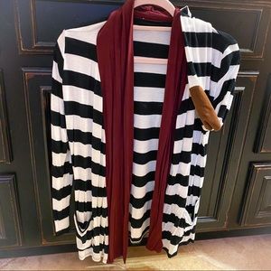 Cozy Black & White Striped Cardigan Elbow Patches